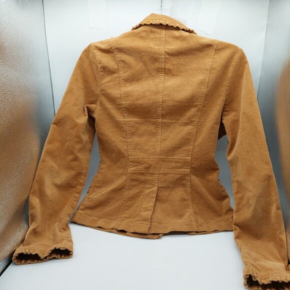 BKE Womens Corduroy Jacket Size Medium Ruffle Trim Boho Blazer Tan Coquette - Picture 2 of 8